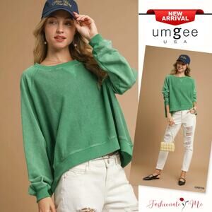 Umgee Mineral Washed Crew Neckline Relaxed Fit French Terry Sweatshirt | Green
